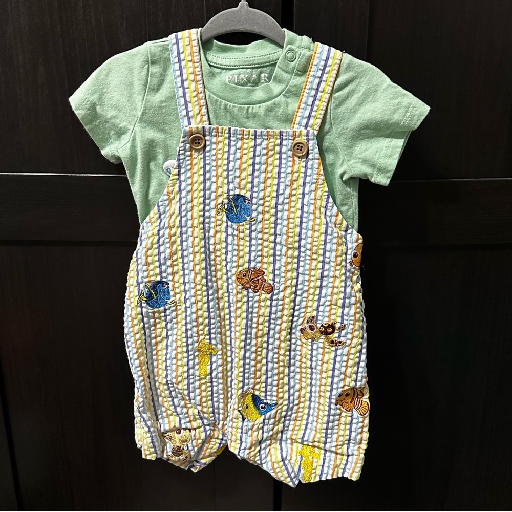 Green Tee with Striped Ocean-Print Overalls - Kids
